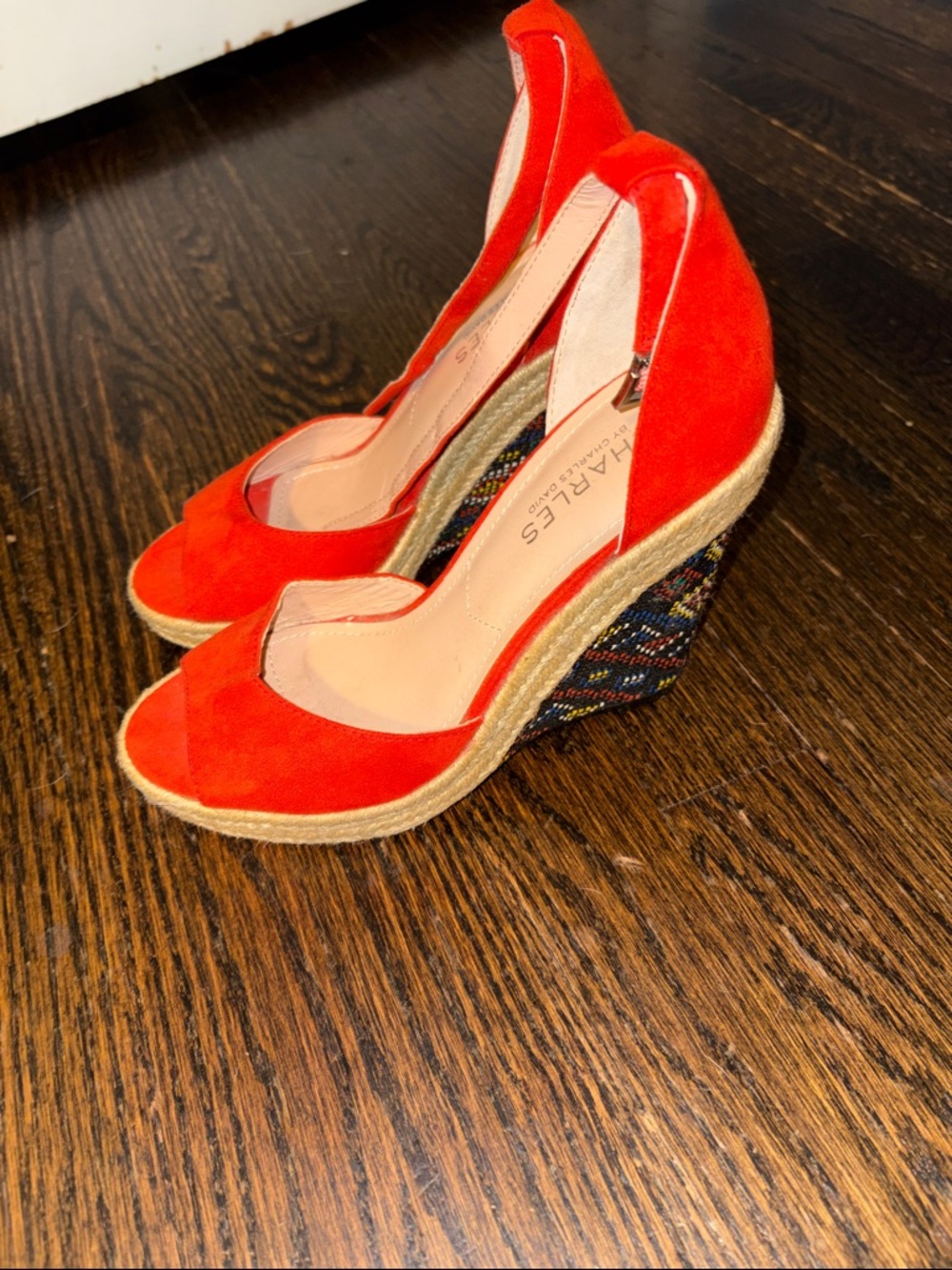 Charles David Bright Red Suede Espadrille Wedge Peep-Toe Heels